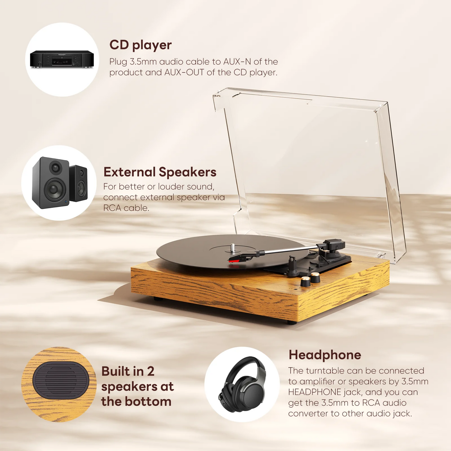 MAIO E300 3-Speed Vinyl Record Player with Stereo Speakers & Headphone Jack