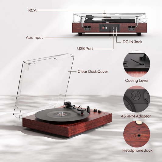 MAIO E300 3-Speed Vinyl Record Player with Stereo Speakers & Headphone Jack