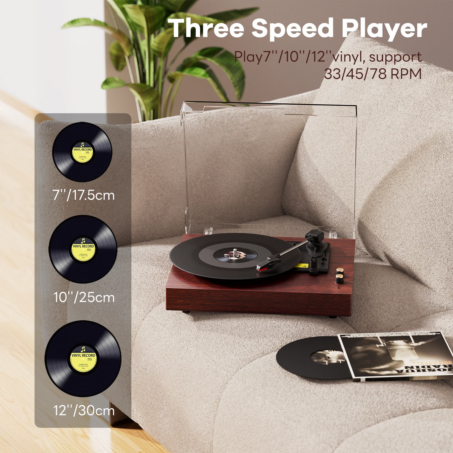 MAIO E300 3-Speed Vinyl Record Player with Stereo Speakers & Headphone Jack