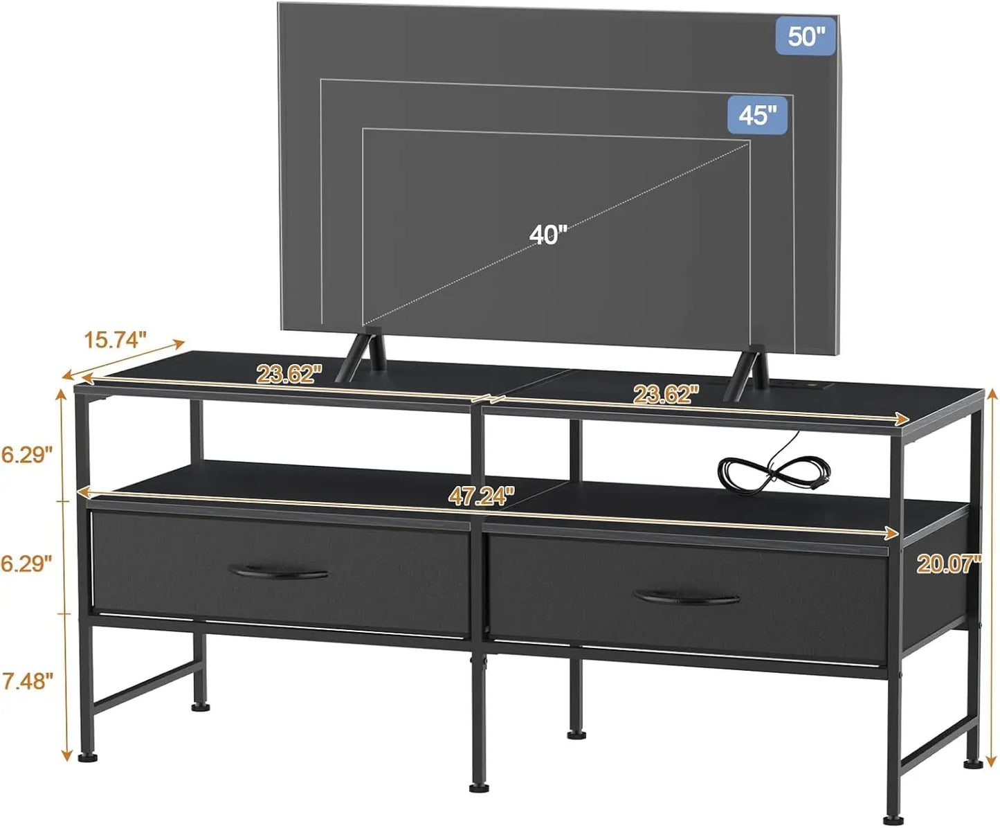 50-Inch TV Stand with Power Outlets | 3-Tier Entertainment Center