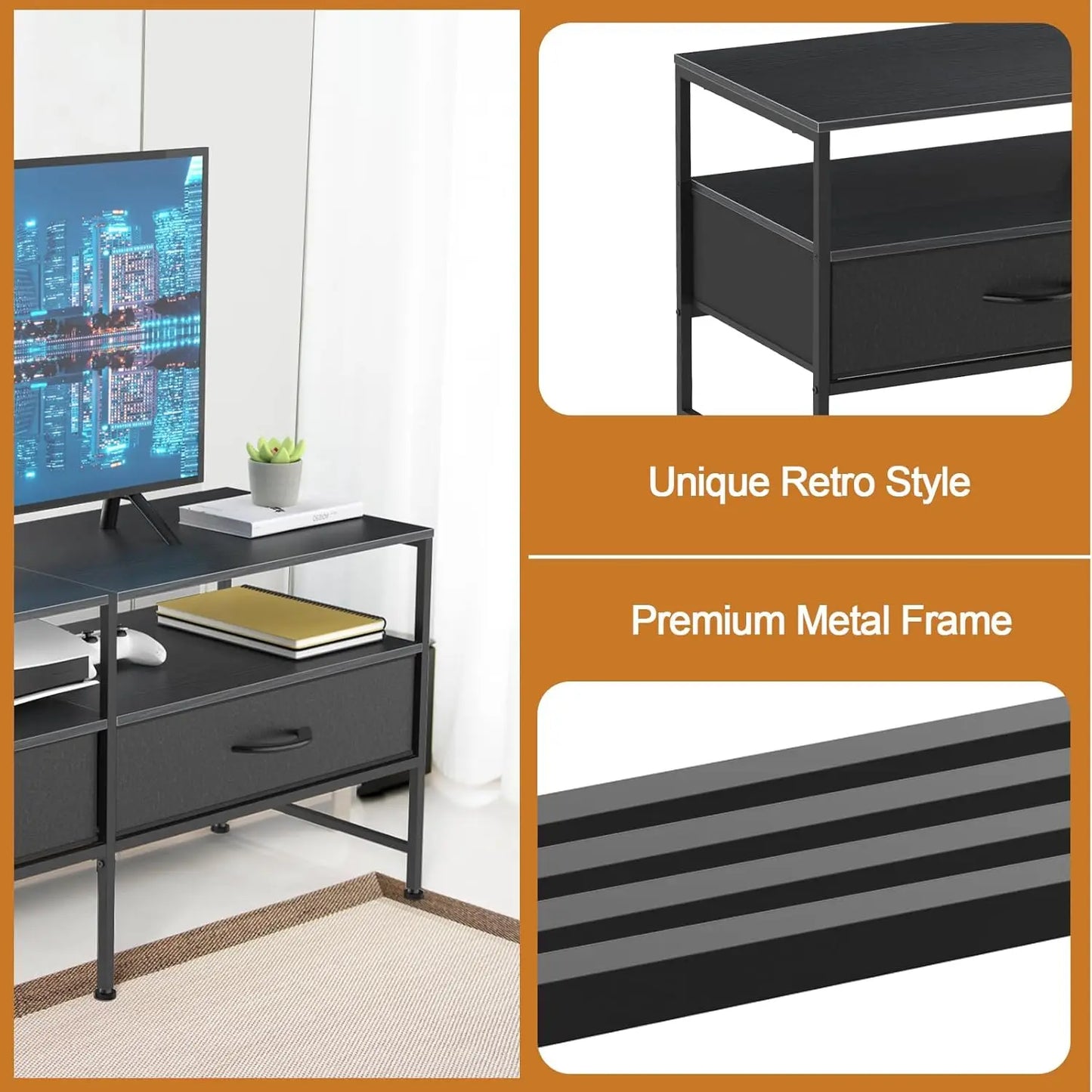 50-Inch TV Stand with Power Outlets | 3-Tier Entertainment Center