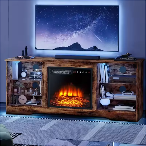 58-Inch Fireplace TV Stand for TVs up to 65 Inches | Modern Wooden Console with 18'' Electric Fireplace & Remote