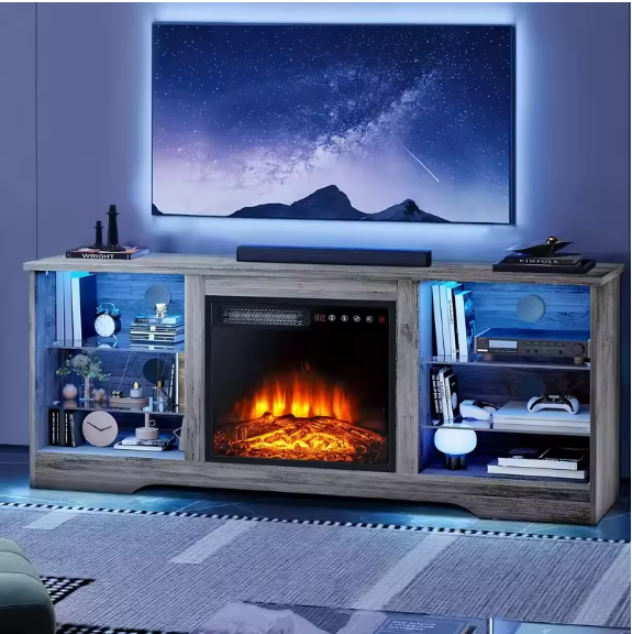 58-Inch Fireplace TV Stand for TVs up to 65 Inches | Modern Wooden Console with 18'' Electric Fireplace & Remote