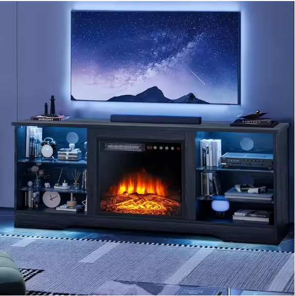 58-Inch Fireplace TV Stand for TVs up to 65 Inches | Modern Wooden Console with 18'' Electric Fireplace & Remote