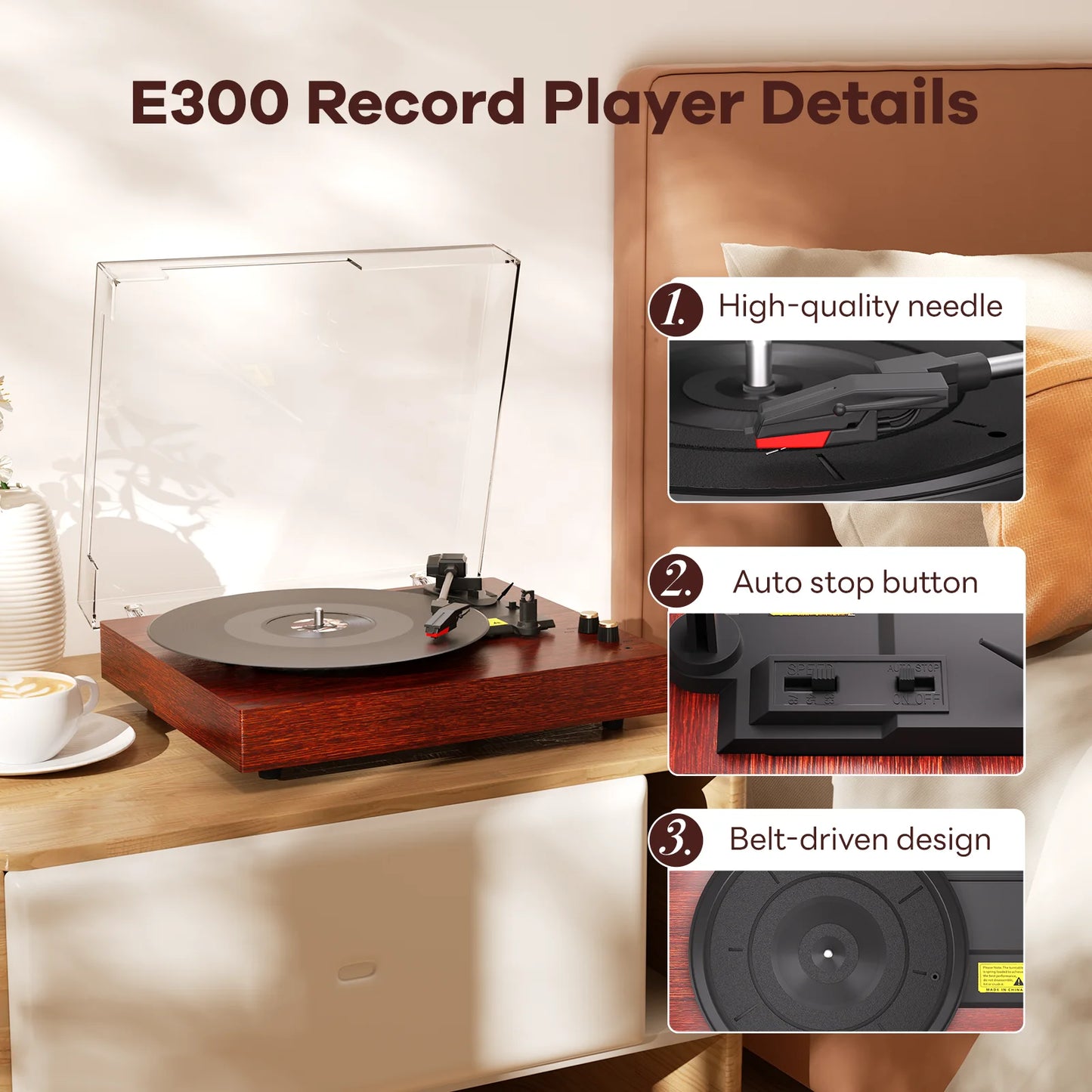 MAIO E300 3-Speed Vinyl Record Player with Stereo Speakers & Headphone Jack